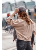 Oversize women\'s sweatshirt with fringes, beige FI671 - Online store - Boutique